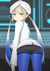 Rule 34 | 1boy, absurdres, artist request, ass, blonde hair, blue hair, captain nemo (fate), denim, denim shorts, display, expressionless, fate/grand order, fate (series), from behind, gradient hair, green eyes, highres, leaning, leaning forward, long hair, long sleeves, looking at viewer, looking back, multicolored hair, nemo (fate), pantyhose, pantyhose under shorts, short shorts, shorts, solo, trap, turban, twintails, very long hair