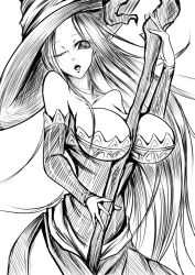 Rule 34 | 1girl, between breasts, breasts, cleavage, dragon&#039;s crown, female focus, hat, large breasts, long hair, monochrome, open mouth, sangyou haikibutsu (turnamoonright), solo, sorceress (dragon&#039;s crown), staff, wink, witch, witch hat