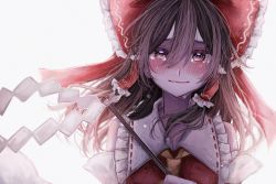 Rule 34 | 1girl, annin cha, backlighting, bare shoulders, bloom, blush, bow, brown hair, crying, crying with eyes open, detached sleeves, frills, gohei, hair between eyes, hair bow, hair tubes, hakurei reimu, highres, long hair, looking at viewer, solo, tears, touhou, upper body