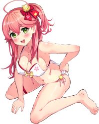 Rule 34 | 1girl, ahoge, alternate costume, bare shoulders, bell, bikini, blush, breasts, cherry blossom print, cleavage, floral print, green eyes, hair bell, hair ornament, highres, hololive, long hair, nanamira bi, open mouth, pink hair, sakura miko, solo, swimsuit, virtual youtuber, white background