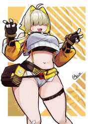 Rule 34 | 1girl, :d, absurdres, ahoge, arion910, black gloves, black sports bra, blonde hair, breasts, clothing cutout, crop top, crop top overhang, cropped sweater, curvy, double v, elegg (nikke), exposed pocket, eyes visible through hair, fang, gloves, goddess of victory: nikke, grey shorts, hair intakes, hair over eyes, highres, large breasts, light blush, long bangs, long sleeves, micro shorts, multicolored clothes, multicolored gloves, multicolored hair, navel, nervous smile, open mouth, purple eyes, shiny skin, short hair, shorts, shoulder cutout, signature, skin fang, smile, solo, sports bra, suspender shorts, suspenders, sweatdrop, thigh strap, thighs, two-tone hair, v, wide hips, yellow gloves, zoom layer