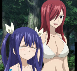 Rule 34 | 2girls, age difference, arm tattoo, bare arms, bikini, bikini top only, blue hair, blush, bra, breast envy, breasts, brown eyes, cleavage, closed eyes, closed mouth, collarbone, erza scarlet, fairy tail, female focus, forest, hair between eyes, hair ornament, hair over one eye, hair ribbon, hair tie, happy, height difference, highres, large breasts, long hair, looking ahead, looking to the side, multiple girls, nature, navel, one eye covered, open mouth, outdoors, red hair, ribbon, screencap, smile, standing, stitched, swimsuit, talking, tattoo, tears, third-party edit, tongue, twintails, underwear, upper body, wendy marvell, white bikini, white bra, white ribbon