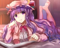Rule 34 | 1girl, bad id, bad pixiv id, barefoot, book, bookshelf, breasts, capelet, coat, crescent, crescent hair ornament, dress, hair ornament, hat, hizagawa rau, indoors, large breasts, legs up, long hair, long sleeves, lying, mob cap, on stomach, open book, open clothes, open coat, patchouli knowledge, purple eyes, purple hair, smile, solo, striped clothes, striped dress, the pose, touhou, very long hair