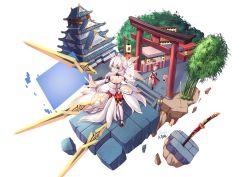 Rule 34 | 3girls, :d, animal ears, architecture, armor, back, bamboo, blue eyes, concrete, east asian architecture, floating, floating object, floating weapon, fox ears, fox girl, fox tail, full body, hair between eyes, hair ornament, headdress, highres, higokumaru, holding, holding sword, holding weapon, honkai (series), honkai impact 3rd, japanese armor, japanese clothes, kimono, lantern, looking at viewer, looking back, multicolored hair, multiple girls, open mouth, outstretched arm, pink hair, side ponytail, simple background, smile, streaked hair, sword, table, tail, theresa apocalypse, theresa apocalypse (celestial hymn), tree, weapon, white background, white hair, white kimono, yae sakura, yae sakura (flame sakitama), yiduan zhu