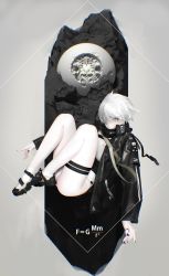 Rule 34 | 1girl, black footwear, black nails, chromatic aberration, from above, grey eyes, hair over one eye, highres, jacket, jewelry, knees to chest, legs up, leotard, looking at viewer, looking up, lying, nail polish, oguchi, on back, original, pale skin, ring, shoes, short hair, socks, solo, thigh strap, thumb ring, white hair, white socks