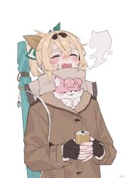 Rule 34 | 1girl, absurdres, animal, animal in clothes, animalization, blonde hair, blush, brown coat, can, canned coffee, closed eyes, coat, cold, drink can, fingerless gloves, gloves, hakui koyori, highres, hololive, kazama iroha, ponytail, scarf, virtual youtuber, westlee ar, white background