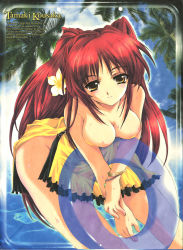 00s 1girl absurdres aizawa_hiroshi blush breast_press breasts brown_eyes cleavage dress female_focus highres innertube kousaka_tamaki long_hair medium_breasts red_hair solo swim_ring swimsuit to_heart_(series) to_heart_2