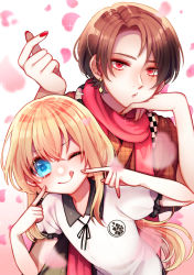 Rule 34 | 2boys, ;q, absurdres, blonde hair, blue eyes, blurry, brown hair, depth of field, earrings, finger heart, highres, ikuo (kazusiikuo), japanese clothes, jewelry, kashuu kiyomitsu, male focus, midare toushirou, mole, mole under mouth, multiple boys, nail polish, one eye closed, petals, ponytail, red eyes, red nails, red scarf, scarf, sparkle, tongue, tongue out, touken ranbu