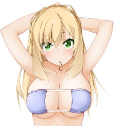 Rule 34 | 1girl, arms up, bare arms, bare shoulders, bikini, blonde hair, blue bikini, blush, breasts, cleavage, closed mouth, commentary request, eyepatch bikini, green eyes, hair between eyes, hair tie, hair tie in mouth, hinata masaki, large breasts, long hair, looking at viewer, mouth hold, original, simple background, skindentation, solo, swimsuit, tying hair, upper body, white background