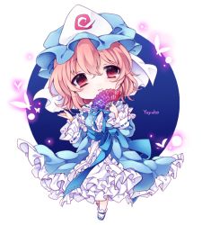 Rule 34 | 1girl, :d, bad id, bad pixiv id, blue dress, blush, bug, butterfly, character name, chibi, dress, folding fan, frilled dress, frilled sleeves, frills, full body, hand fan, hat, head tilt, insect, japanese clothes, kimono, long sleeves, looking at viewer, mob cap, open mouth, pink eyes, pink hair, saigyouji yuyuko, saigyouji yuyuko&#039;s fan design, sash, short hair, smile, solo, touhou, triangular headpiece, wide sleeves, yukimiya (parupunta)