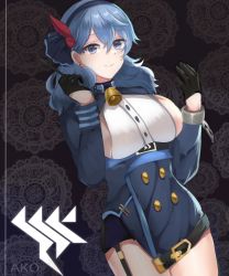Rule 34 | 1girl, ako (blue archive), bell, belt, black gloves, blue archive, blue coat, blue eyes, blue hair, blue sealad, breasts, buttons, coat, cowboy shot, double-breasted, framed breasts, garter straps, gloves, hairband, half gloves, hands up, highres, large breasts, long hair, long sleeves, looking at viewer, shirt, sideboob, smile, solo, standing, thighs, white shirt