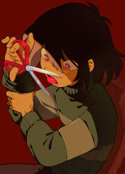 Rule 34 | 1other, brown hair, deltarune, green sweater, highres, holding, holding own arm, holding scissors, kris (deltarune), long sleeves, open mouth, red background, red eyes, scissors, self-harm, senjochi janai, signature, simple background, solo, sweat, sweater, tongue, tongue out, turtleneck, turtleneck sweater, twitter username