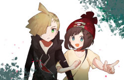 Rule 34 | 1boy, 1girl, :d, ahoge, bad id, bad pixiv id, beanie, blonde hair, brown hair, clenched hand, commentary request, creatures (company), ear piercing, erua ( 8eru), eyelashes, game freak, gladion (pokemon), green eyes, hair over one eye, hat, hood, hoodie, locked arms, nintendo, open mouth, parted lips, piercing, pointing, pokemon, pokemon sm, red headwear, selene (pokemon), shirt, short sleeves, smile, t-shirt, upper body, yellow shirt