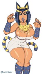 Rule 34 | 1girl, animal crossing, ankha (animal crossing), ankha (animal crossing) (cosplay), blue lips, blue nails, breasts, cat girl, cosplay, egyptian clothes, ermes costello, fangs, heart, heart-shaped pupils, highres, huge breasts, jojo no kimyou na bouken, luckyshazo, nintendo, open mouth, solo, stone ocean, symbol-shaped pupils, thick thighs, thighs