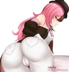 Rule 34 | 1girl, ass, bare shoulders, blush, breasts, brown eyes, brown hair, cameltoe, come hither, cslucaris, from behind, hair between eyes, hat, huge ass, large breasts, leaning, leaning forward, long hair, multicolored hair, naughty face, neo politan, pants, pantylines, pink hair, rwby, sideboob, simple background, skin tight, smile, solo, very long hair, white background