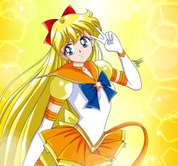 Rule 34 | 1girl, aino minako, anello81, bishoujo senshi sailor moon, blonde hair, blue eyes, bow, breasts, earrings, gloves, highres, jewelry, long hair, magical girl, miniskirt, red bow, sailor venus, skirt, small breasts, solo, v, very long hair