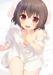 Rule 34 | 1girl, :d, animal ears, arm support, artist name, bare shoulders, blush, bottomless, brown hair, collarbone, commentary request, cowboy shot, crossed bangs, finger to mouth, flat chest, from above, hair between eyes, inaba tewi, looking at viewer, naked shirt, nnyara, open mouth, rabbit ears, red eyes, shirt, short hair, short sleeves, sitting, smile, solo, thighs, touhou, unbuttoned, unbuttoned shirt, white shirt
