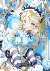 1girl absurdres animal_ears apron back_bow blonde_hair blue_bow blue_bowtie blue_dress blue_eyes blurry blurry_foreground bow bow_hairband bowtie breasts broken_cup card card_in_mouth cat_ears cat_girl cat_tail checkered_floor clock collared_dress commentary_request cross-laced_clothes cross-laced_legwear cup dagger dress extra_ears fake_animal_ears frilled_apron frilled_dress frilled_wrist_cuffs frills hair_ornament hairband hand_between_thighs heart heart-shaped_lock heart-shaped_pupils heart_hair_ornament highres holding holding_dagger holding_knife holding_weapon key_hair_ornament kneeling knife lock_necklace long_hair maid maid_apron maid_headdress mary_janes mouth_hold negimapurinn on_floor original paw_pose pinstripe_dress pinstripe_pattern pocket_watch puffy_short_sleeves puffy_sleeves ribbon shoes short_dress short_sleeves small_breasts solo striped_clothes striped_thighhighs stuffed_animal stuffed_rabbit stuffed_toy symbol-shaped_pupils tail tail_ornament tail_ribbon teacup teapot thighhighs twintails two-tone_thighhighs wall_clock watch weapon white_apron white_headdress wing_collar wrist_cuffs