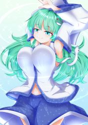 Rule 34 | 1girl, aqua eyes, armpits, arms up, blouse, blue skirt, bouncing breasts, breasts, closed mouth, commentary request, cowboy shot, detached sleeves, dollyspica, frog hair ornament, green background, green hair, hair ornament, kochiya sanae, large breasts, long hair, navel, shirt, skirt, sleeveless, sleeveless shirt, smile, snake hair ornament, sparkle, touhou, underboob, white shirt, wide sleeves
