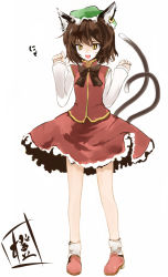 Rule 34 | 1girl, animal ears, brown hair, cat ears, cat girl, cat tail, character name, chen, earrings, fang, female focus, hat, jewelry, multiple tails, short hair, solo, tail, takaharu, touhou, yellow eyes