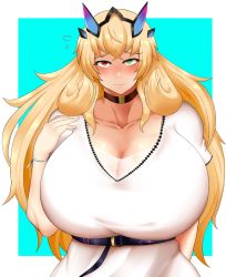 Rule 34 | 1girl, artist request, bdsm, belt, blonde hair, blush, bondage, bound, bracelet, breasts, choker, cleavage, cowboy shot, dress, embarrassed, barghest (fate), fate/grand order, fate (series), female focus, green eyes, heterochromia, highres, huge breasts, jewelry, long hair, looking at viewer, red eyes, solo, upper body