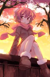 Rule 34 | 1girl, ahoge, bare tree, black shirt, boots, bow, brown footwear, commentary request, fence, full body, hair bow, highres, isu (is88), looking at viewer, open mouth, outdoors, pleated skirt, red eyes, red hair, red scarf, red skirt, scarf, sekibanki, shirt, sitting, skirt, solo, touhou, tree, twilight
