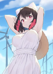 Rule 34 | 1girl, absurdres, animal ears, armpits, arms up, black hair, breasts, cloba, commentary, dress, english commentary, floral print, from below, hat, highres, large breasts, looking at viewer, original, pink eyes, player 2 (cloba), pouty lips, see-through, see-through silhouette, short hair, silhouette, solo, straw hat, sun hat, sundress