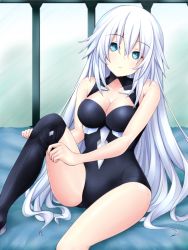 Rule 34 | 1girl, adjusting footwear, bare arms, bare shoulders, bed sheet, black bodysuit, black heart (neptunia), bodysuit, boots, breasts, cleavage, commentary request, green eyes, hair between eyes, holding, holding boots, holding clothes, holding footwear, impossible clothes, indoors, joney, knee boots, knee up, leotard, long hair, looking at viewer, medium breasts, neptune (series), noire (neptunia), sidelocks, sitting, solo, symbol-shaped pupils, very long hair, white hair