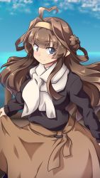 Rule 34 | 1girl, 547th sy, ahoge, arms behind back, black sweater, blue sky, brown hair, brown skirt, cloud, commentary request, cowboy shot, double bun, grey eyes, hair bun, hairband, highres, horizon, kantai collection, kongou (kancolle), long hair, looking at viewer, ocean, official alternate costume, scarf, skirt, sky, solo, sweater, white scarf