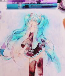Rule 34 | 1girl, art tools in frame, bare shoulders, black skirt, black sleeves, black thighhighs, blue eyes, blue nails, collared shirt, detached sleeves, eyelashes, feet out of frame, frilled skirt, frills, hair ornament, hatsune miku, highres, long hair, long sleeves, looking at viewer, marker (medium), miniskirt, nail polish, open mouth, photo (medium), pleated skirt, shirt, skirt, sleeveless, sleeveless shirt, smile, solo, thighhighs, traditional media, twintails, very long hair, vocaloid, white shirt, wide sleeves, yanmian (printemps-noir)