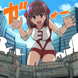 Rule 34 | 1girl, :d, blouse, blue sky, blurry, blurry foreground, brown eyes, brown hair, building, claw pose, cloud, cloudy sky, commentary request, day, elbow pads, giant, giantess, girls und panzer, headband, japan steel works 120, kondou taeko, leaning forward, looking at viewer, medium hair, military, military vehicle, motor vehicle, open mouth, outdoors, partial commentary, red headband, red shirt, red shorts, rents (akirents), shirt, short shorts, shorts, sky, skyscraper, sleeveless, sleeveless shirt, smile, solo, sportswear, standing, tank, type 10 (tank), volleyball uniform