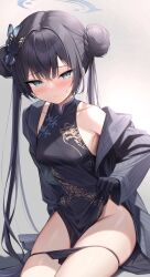 Rule 34 | 1girl, bare shoulders, black dress, black gloves, black hair, black panties, blue archive, blush, breasts, butterfly hair ornament, china dress, chinese clothes, double bun, dragon print, dress, frown, gloves, grey eyes, grey jacket, hair bun, hair ornament, halo, highres, jacket, kisaki (blue archive), kyonta, long hair, long sleeves, looking at viewer, nose blush, off shoulder, open clothes, open jacket, panties, panty pull, pelvic curtain, pinstripe pattern, print dress, sitting, skindentation, sleeveless, sleeveless dress, small breasts, solo, string panties, striped clothes, striped jacket, sweatdrop, thighs, twintails, underwear, very long hair