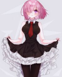 Rule 34 | 1girl, black dress, black pantyhose, blush, breasts, dress, fate/grand order, fate (series), grey background, hair over one eye, harukappa, highres, layered dress, looking at viewer, mash kyrielight, medium breasts, medium hair, necktie, pantyhose, pink hair, purple eyes, red necktie, skirt hold, sleeveless, sleeveless dress, solo, standing, straight hair, thigh gap