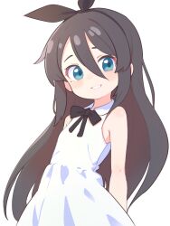 Rule 34 | 1girl, absurdres, bare arms, bare shoulders, black bow, black bowtie, black hair, black ribbon, blue eyes, blush, bow, bowtie, breasts, commentary, dress, english commentary, grin, hair between eyes, hair ribbon, highres, lk149, long hair, looking at viewer, original, parted lips, ribbon, simple background, sleeveless, sleeveless dress, small breasts, smile, teeth, upper body, white background, white dress