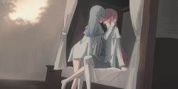 Rule 34 | 2girls, bed, black bow, blush, bow, canopy bed, chihuri, closed eyes, collared shirt, commentary request, facing another, grey hair, grey skirt, grey vest, hair between eyes, hair intakes, highres, indoors, jacket, kiss, long hair, looking at another, multiple girls, no shoes, on bed, open clothes, open jacket, original, pantyhose, pink hair, shirt, sitting, skirt, socks, soles, tears, very long hair, vest, white jacket, white shirt, wooden floor, yuri