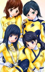 Rule 34 | 4girls, abe tsukumo, animification, belt, black hair, black pantyhose, blue eyes, blush, bob cut, bodysuit, boots, brown eyes, brown hair, closed mouth, color connection, commentary, elbow gloves, engine sentai go-onger, feet out of frame, geki yellow, gloves, go-on yellow, gosei yellow, green eyes, group picture, hanaori kotoha, hand on own hip, head tilt, highres, juuken sentai gekiranger, long hair, moune, multiple girls, no headwear, open mouth, pantyhose, ponytail, purple eyes, rouyama saki, samurai sentai shinkenger, shinken yellow, short hair, short twintails, sitting, skin tight, skirt, smile, squatting, straight hair, super sentai, tensou sentai goseiger, tokusatsu, turtleneck, twintails, two-tone bodysuit, uzaki ran, white gloves, white pantyhose, white skirt, yellow bodysuit, yellow footwear, yellow gloves, yellow skirt