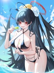 1girl absurdres bags_under_eyes bikini black_bikini black_hair black_wings blue_archive blush breasts cleavage commentary_request criss-cross_halter dot_nose flower food hair_flower hair_ornament halo halterneck highres holding holding_food holding_popsicle large_breasts long_hair looking_at_viewer low_wings melting_halo navel official_alternate_costume official_alternate_hairstyle open_mouth outdoors ponytail popoka0930 popsicle red_eyes red_halo shallow_water side-tie_bikini_bottom smile solo sunlight swimsuit teeth tsurugi_(blue_archive) tsurugi_(swimsuit)_(blue_archive) very_long_hair wading water white_flower wings yellow_flower