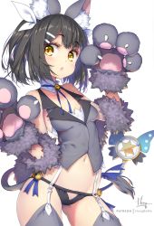 Rule 34 | 1girl, animal ears, animal hands, bare shoulders, bell, black hair, black panties, blue ribbon, blush, breasts, cat ears, cat tail, cowboy shot, fate/kaleid liner prisma illya, fate (series), fur trim, garter straps, gloves, grey gloves, grey thighhighs, grey vest, hair ornament, hair ribbon, hairclip, hands up, hong (white spider), jingle bell, long hair, looking at viewer, magical sapphire, making-of available, miyu edelfelt, navel, open mouth, panties, paw gloves, ribbon, small breasts, tail, thighhighs, twintails, underwear, vest, wand, white ribbon, wrist cuffs, yellow eyes