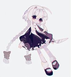 Rule 34 | 1girl, ahoge, bags under eyes, black dress, black eyes, black footwear, braid, closed mouth, colored skin, dress, empty eyes, expressionless, funamusea, ghost hair ornament, highres, holding, holding knife, huge ahoge, knife, long hair, long sleeves, mochiko (funamusea), sidelocks, simple background, socks, solo, stitched leg, stitches, twin braids, very long hair, white background, white hair, white skin, white socks, yyht meiqi