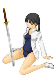 Rule 34 | 00s, 1girl, aona (anagasaki), arm support, bad id, bad pixiv id, black hair, chokuto, eyepatch, katana, no pants, one-piece swimsuit, open clothes, open shirt, planted sword, planted, sakamoto mio, school swimsuit, shirt, sitting, solo, strike witches, swimsuit, swimsuit under clothes, sword, uniform, wariza, weapon, world witches series, yellow eyes