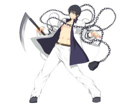 Rule 34 | 1boy, abs, belt, belt buckle, black eyes, black footwear, black hair, blue shirt, brown belt, buckle, chain, collarbone, full body, holding, holding sickle, holding weapon, jacket, kama (weapon), kusarigama, looking at viewer, murasame (senran kagura), navel, official art, open clothes, open jacket, open shirt, pants, senran kagura, shirt, short hair, sickle, simple background, smirk, solo, standing, weapon, white background, white jacket, white pants, yaegashi nan