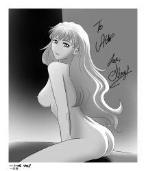 Rule 34 | 00s, 1girl, ass, breasts, greyscale, large breasts, lone wolf, long hair, macross, macross frontier, monochrome, nipples, nude, sheryl nome, solo