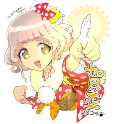 Rule 34 | 1girl, 2024, :d, bow, brown hair, clenched hand, commentary request, cropped torso, fang, fingernails, fur scarf, hair bow, happy new year, index finger raised, japanese clothes, kimono, long sleeves, looking at viewer, moudoku (decopon3rd), new year, open mouth, outstretched arm, polka dot, polka dot kimono, pom pom (clothes), pretty series, pripara, reaching, reaching towards viewer, red bow, red kimono, saliva, sharp fingernails, short hair, smile, solo, sun, taiyo pepper, translation request, upper body, white background, wide sleeves, yellow eyes
