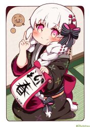 Rule 34 | 1girl, 2019, absurdres, black bow, black kimono, blush, boar, bow, braid, chinese zodiac, closed mouth, commentary request, fate/extra, fate (series), full body, hair bow, hair over shoulder, hands up, highres, holding, japanese clothes, kimono, long hair, long sleeves, low twintails, nursery rhyme (fate), on floor, pink eyes, seiza, sitting, smile, socks, solo, striped bow, tatami, twin braids, twintails, v, very long hair, white socks, wide sleeves, year of the pig, yuya090602