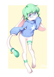 Rule 34 | 1girl, absurdres, animal hands, animal nose, artist name, barefoot, bell, blue-framed eyewear, blue eyes, blue sweater, blush, body fur, border, bottomless, cat girl, cat tail, cleft of venus, closed mouth, commission, fang, female focus, flong, full body, furry, furry female, glasses, gluteal fold, green fur, green hair, groin, hand up, happy, highres, jingle bell, looking at viewer, original, outside border, pussy, rabbit ears, rabbit girl, round eyewear, short hair, sidelocks, signature, simple background, sleeves past wrists, smile, solo, standing, star (symbol), sweater, tail, tail bell, tail ornament, two-tone fur, uncensored, white border, white fur, yellow background