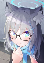 Rule 34 | 1girl, absurdres, animal ear fluff, animal ears, bespectacled, blue archive, blue eyes, blue necktie, blue scarf, blush, calciumin, glasses, hair ornament, halo, highres, looking at viewer, mismatched pupils, necktie, open mouth, scarf, school uniform, shiroko (blue archive), short hair, solo, x hair ornament