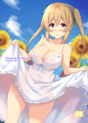 Rule 34 | 1girl, absurdres, areola slip, bad id, bad pixiv id, bare arms, bare shoulders, black ribbon, blue sky, blush, breasts, brown eyes, clothes lift, cloud, cloudy sky, collarbone, cover, day, dress, dress lift, flower, hair ribbon, highres, kantai collection, large breasts, lifted by self, light brown hair, long hair, looking at viewer, murasame (kancolle), purunyara, ribbon, sky, sleeveless, sleeveless dress, smile, solo, sundress, sunflower, text focus, twintails, white dress