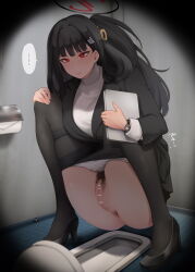 Rule 34 | 1girl, anus, bar censor, black hair, blue archive, bright pupils, censored, female focus, female pubic hair, high heels, long hair, panties, panty pull, pantyhose, pointless censoring, pubic hair, pussy, red eyes, rio (blue archive), solo, squat toilet, squatting, toilet, toilet paper, toilet stall, toilet use, toritora, underwear, very long hair, watch, white pupils, wristwatch
