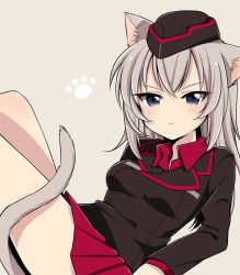 Rule 34 | 10s, 1girl, animal ears, arm support, black hat, black jacket, blue eyes, brown background, cat ears, cat tail, closed mouth, commentary, dress shirt, frown, garrison cap, girls und panzer, hat, itsumi erika, jacket, kemonomimi mode, kuromorimine military uniform, long hair, long sleeves, looking at viewer, lying, military, military hat, military uniform, miniskirt, on back, paw pose, pleated skirt, red shirt, red skirt, ruruepa, shirt, silver hair, skirt, solo, tail, uniform