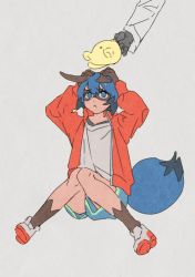 Rule 34 | 1girl, :&lt;, animal ears, animal hat, arms up, black gloves, blue eyes, blue hair, body fur, brand new animal, closed mouth, dot nose, floppy ears, frown, full body, furrowed brow, furry, furry female, gloves, grey background, hair between eyes, hands on own head, hat, jacket, kagemori michiru, knees together feet apart, knees up, long sleeves, looking up, multicolored hair, ogami shirou, open clothes, open jacket, out of frame, popped collar, raccoon girl, raccoon tail, red jacket, roku (tsua-kihuyu), shirt, shoe soles, shoes, short hair, shorts, simple background, sitting, sneakers, solo focus, sweat, tail, two-tone hair, yellow headwear